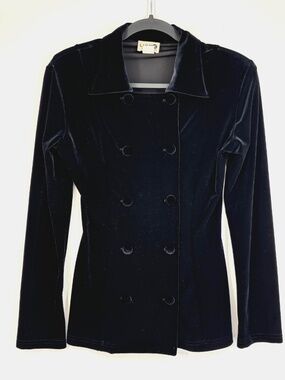 Luly K Womens XS Vintage Y2K Blazer Jacket Black Velvet Double Breasted Made USA